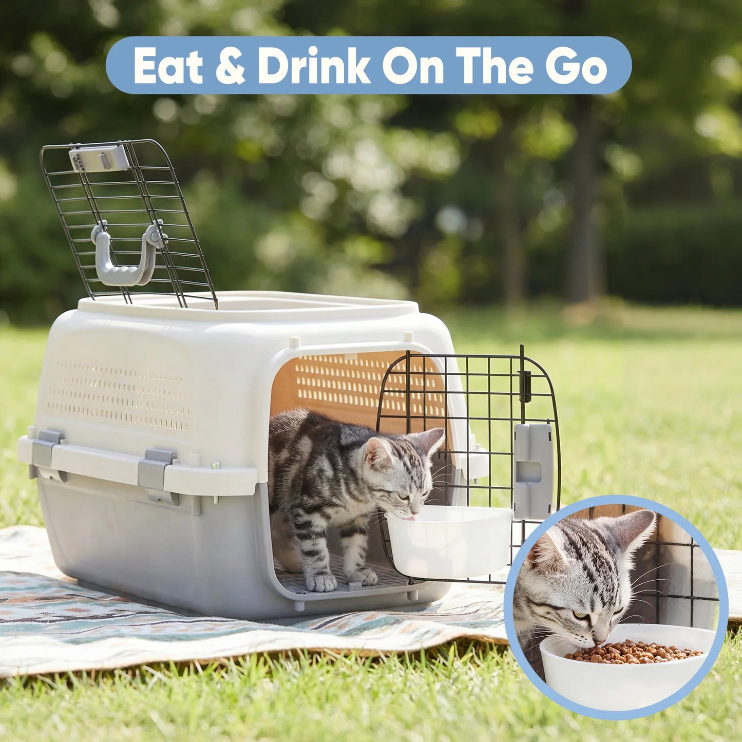 JHK 23 Inch Pet Carrier for Small Dogs Cats  Front Top Load Wire Door Food Bowl Travel Crate with Enhanced Security Latches