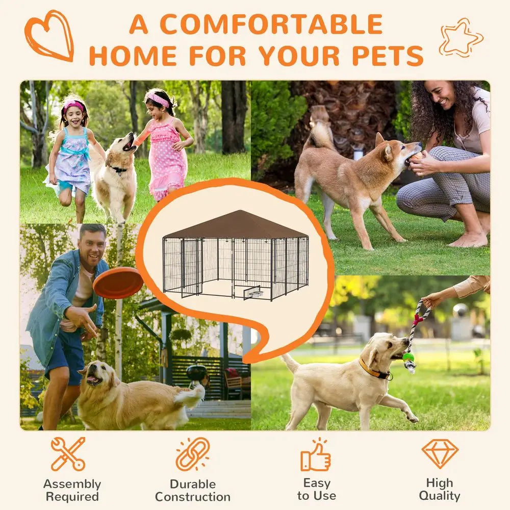 Outside Dog Kennel, 7 x 7 x 5 Puppy Play Pen with Canopy, Garden Playpen Fence Crate Enclosure Cage Rotating Bowl, for Dogs,