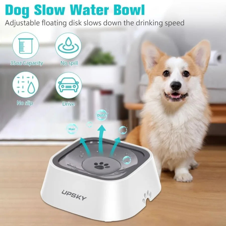 Spill Proof Pet Water Bowl Slow Water Feeder 35oz Feeder Bowl for Dogs and Cats Stainless Steel Gray Leak-Proof Design