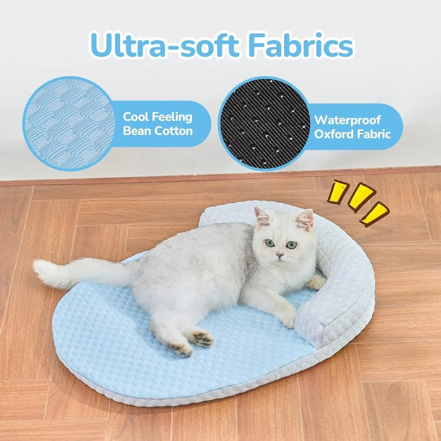 Cat Cooling Mat for Cats or Small Dogs - Pet Cooling Bed with Soft Comfortable Cozy Pad Removable Pillow Washable Design Non-Slip