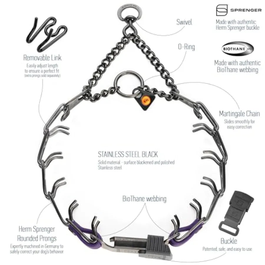 Training collar for dogs, black stainless steel with violet purple Biothane insert, quick-release ClicLock buckle, made in Germany