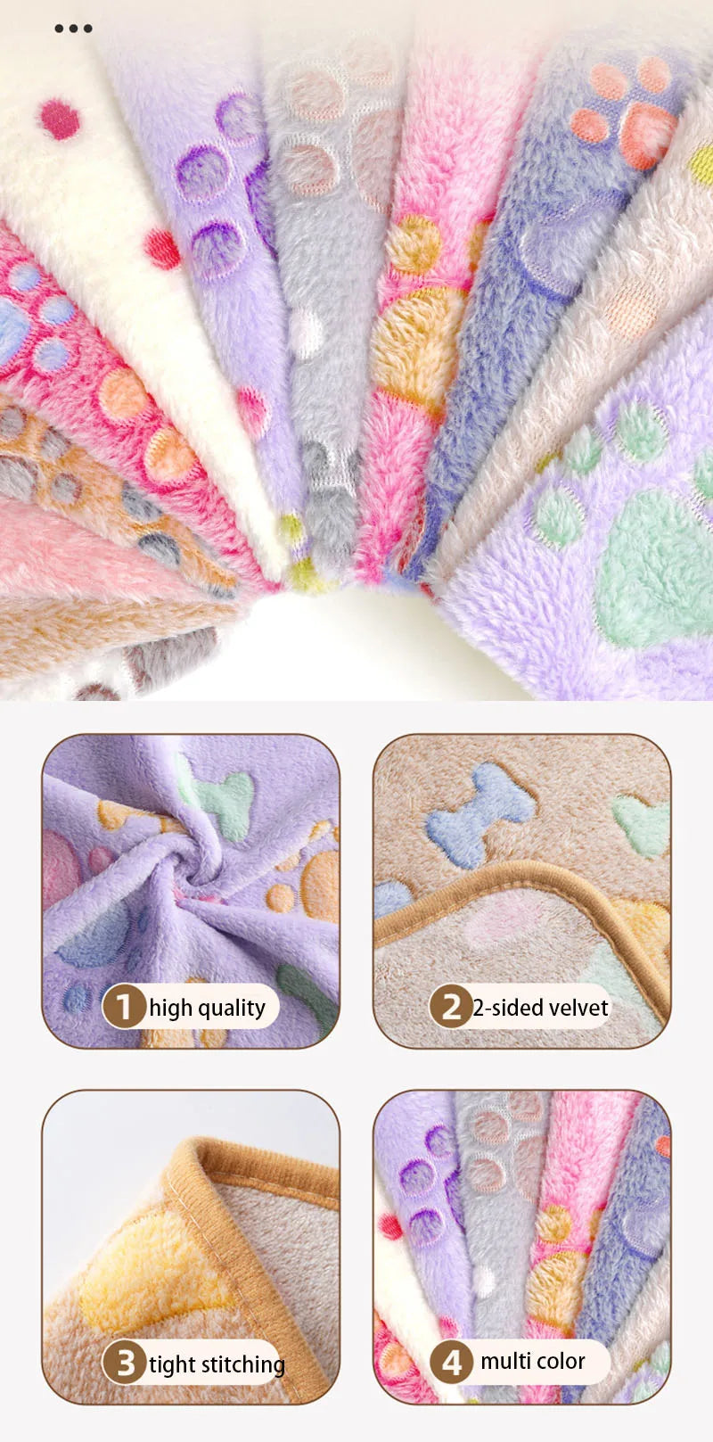 Velvet Pet Sleeping Warm Blanket with Paw/Dot/Bone Pattern, Dog Cat Washing Towel, Fleece Soft Pet Blanket Pet Bed Mat