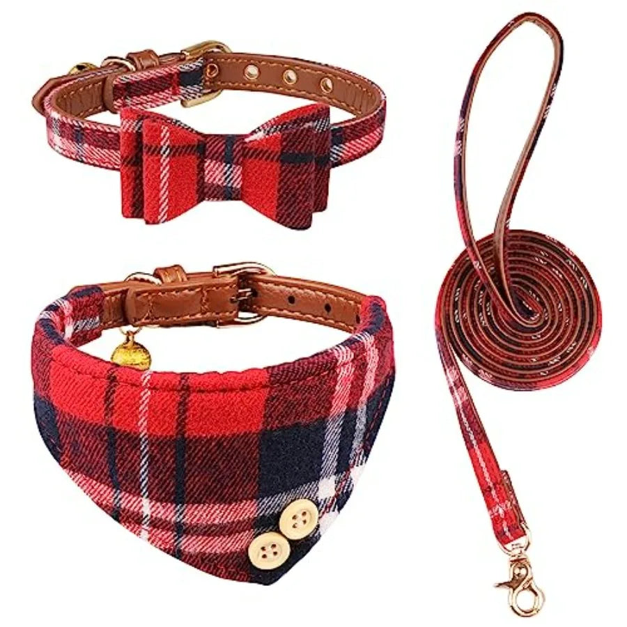 3 PCS Dog Collars for Small Puppy Collar and Leash Set, Bow Tie with Bell, Bandana Leather for Small Dogs Puppies and Cats