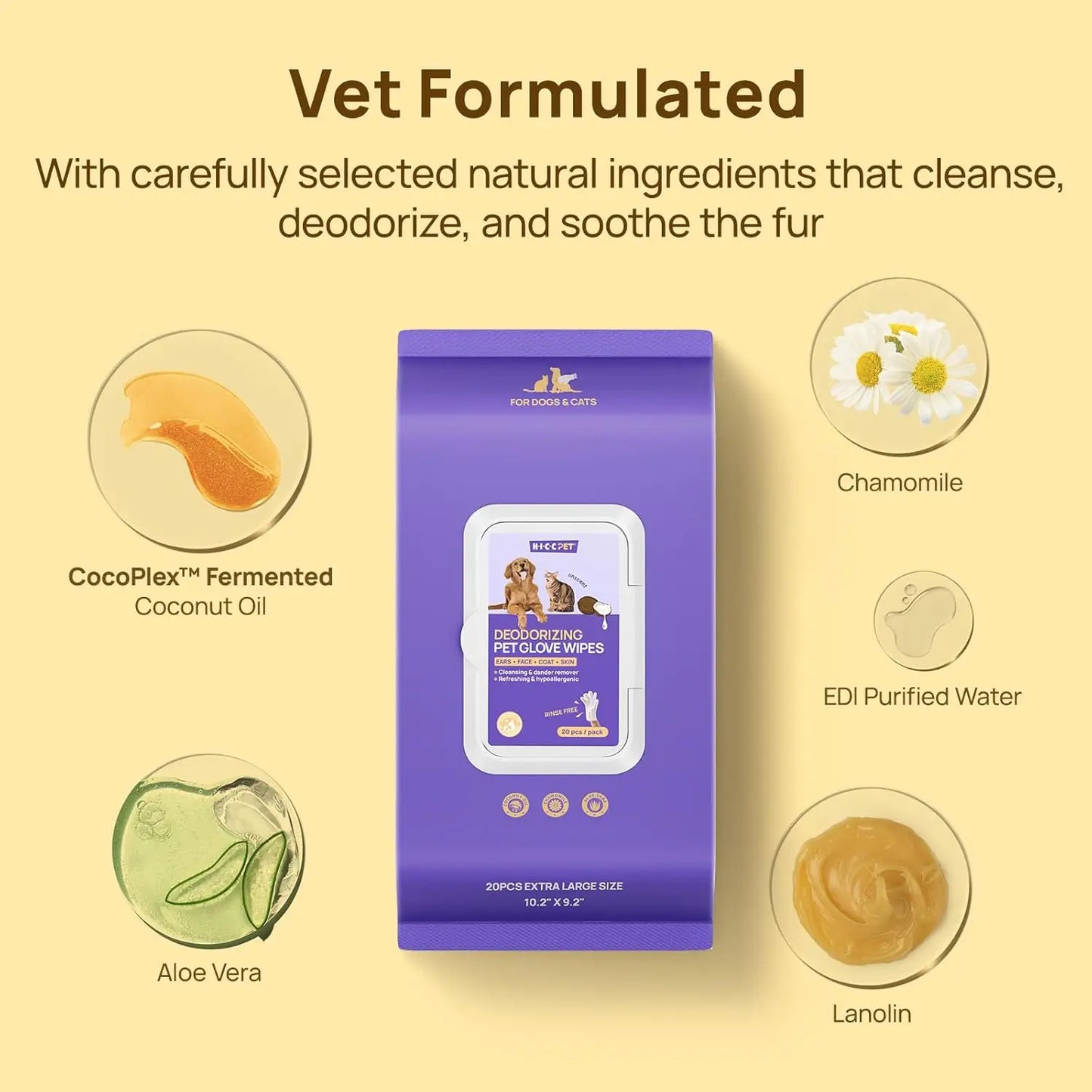 Pet Grooming Glove Wipes for Dogs & Cats, Vet Recommended Hypoallergenic Hydrating Nourish Fur, 20pcs Coconut Scent
