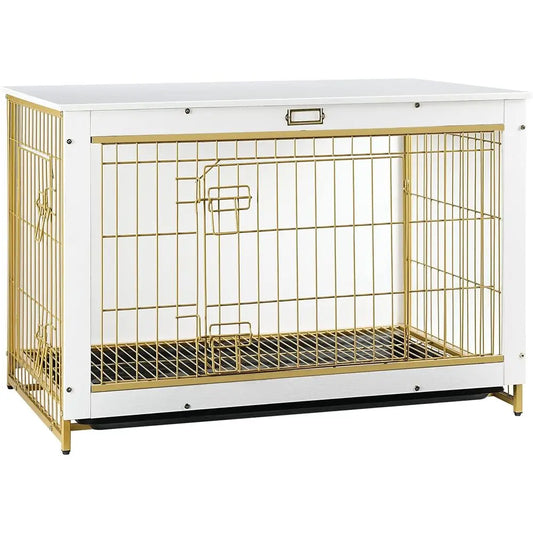 Dog Crate Furniture, 38.6" Large Dog Kennel Indoor, Wooden Cage with Pull-Out Tray, Double Doors Pet House Side End Table