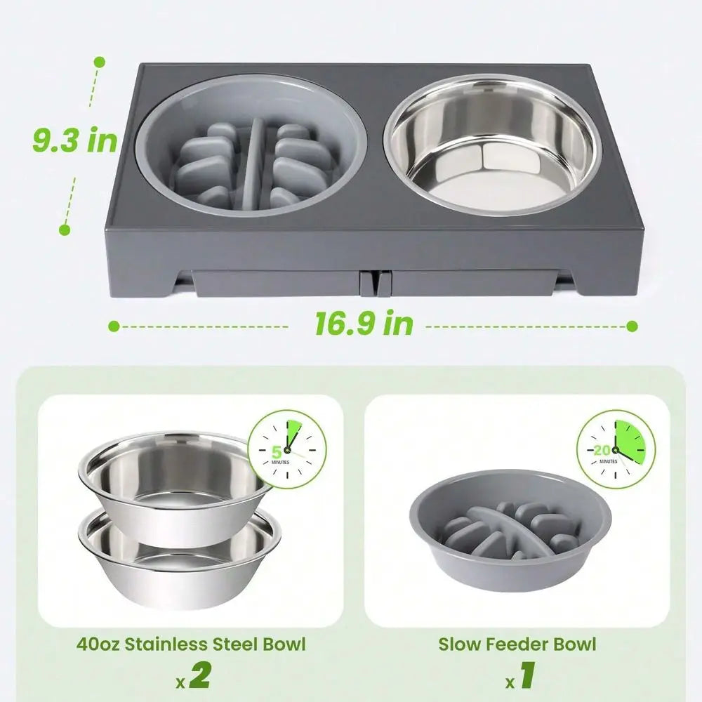 Dog Bowl Dog SuppliesDog Bowls, 5 Adjustable Heights Raised Dog Bowl Stand, With 2 Stainless Steel Dog Food Bowls And 1 Slow Fee