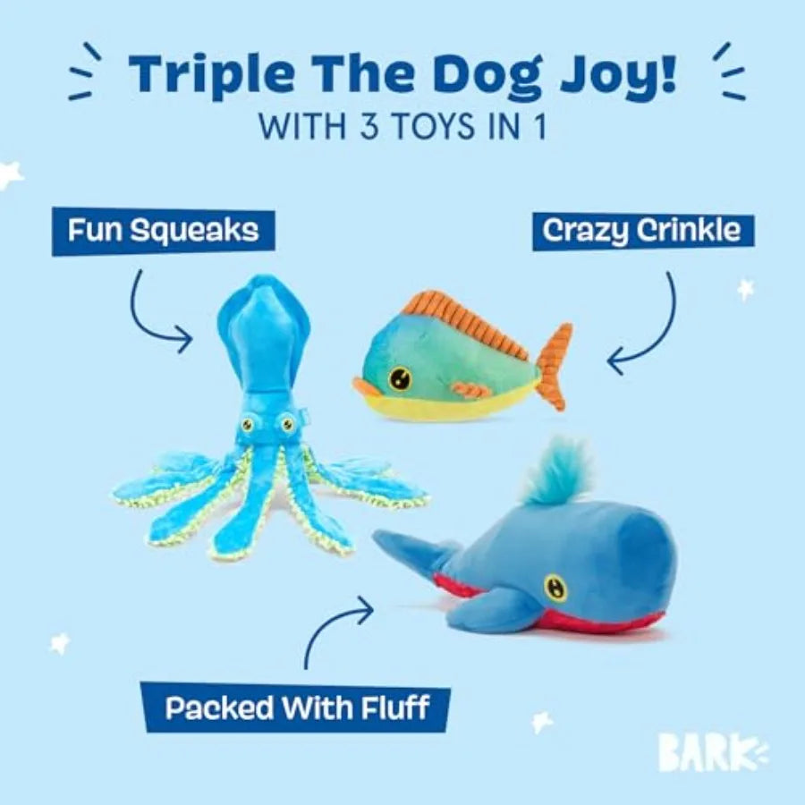 Under The Sea Bundle - 3 Toys for Medium and Large Dogs - Squeaky Dog Toy Tug Toy Plush Chew Toys - Maggie Mahi Shify Sid The S