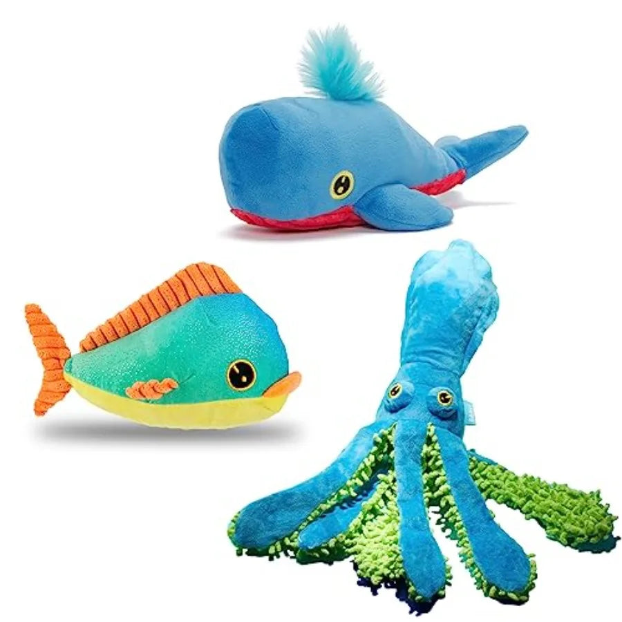 Under The Sea Bundle - 3 Toys for Medium and Large Dogs - Squeaky Dog Toy Tug Toy Plush Chew Toys - Maggie Mahi Shify Sid The S