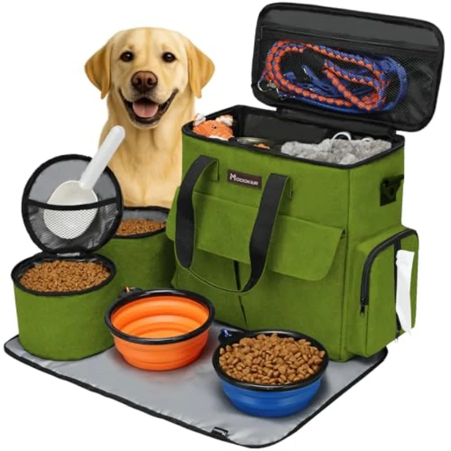 Dog Travel Bag, Weekend Pet Travel Set for Dog and Cat, Airline Approved Tote Organizer with Multi-Function Pockets, 2 Food Sto
