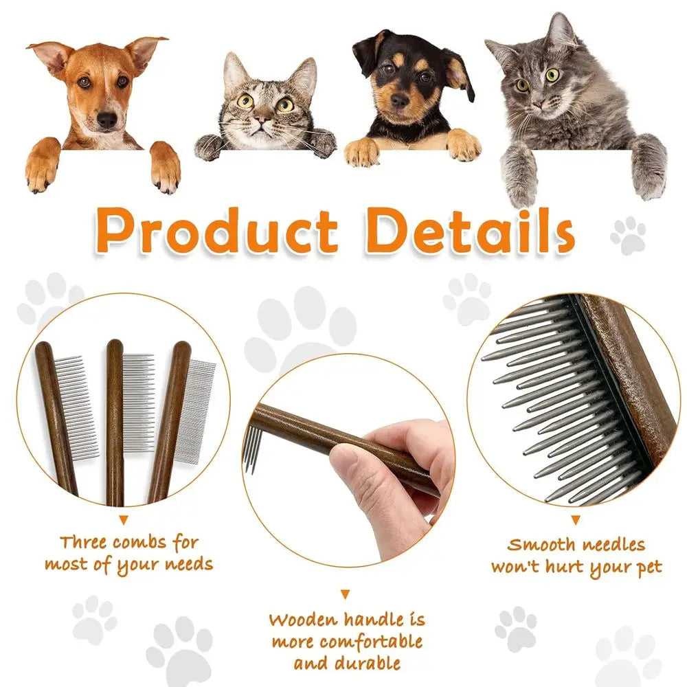 3 Pack Solid Wood Cat Combs, Stainless Steel Teeth, Removes Mats, Tangles, Loose Hair, Grooming Comb for Small Medium Pets