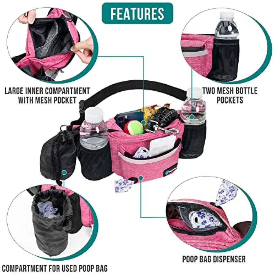 Dog Fanny Pack, Treat Pouch for Dog Walking, Training, Built in Poop Bag Dispenser, Water Bottle Holder, Collapsible Bowl, Pet