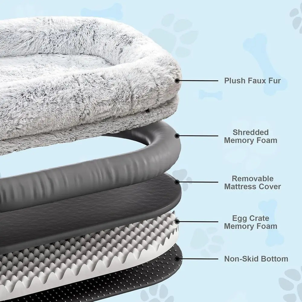 Large Orthopedic Dog Bed - XL 79x44x12.5 Faux Fur, Removable Washable Cover, Grey