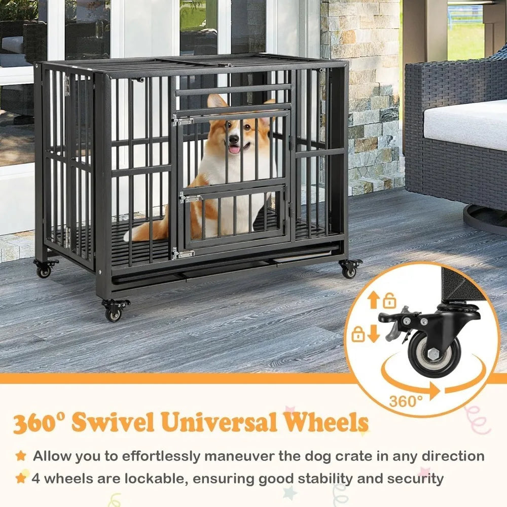 Foldable Metal Dog Crate - Heavy Duty Dog Cage with Top Doors, Feeding Access, Removable Tray, Lockable Wheels