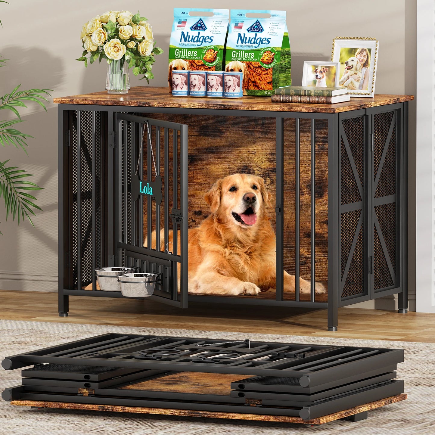 Foldable Large Dog Crate Furniture,31"/41.3"Assembly-Free Dog Crates for Large Dogs, Wooden Dog Kennel Indoor w/ Tag & Dog Bowls