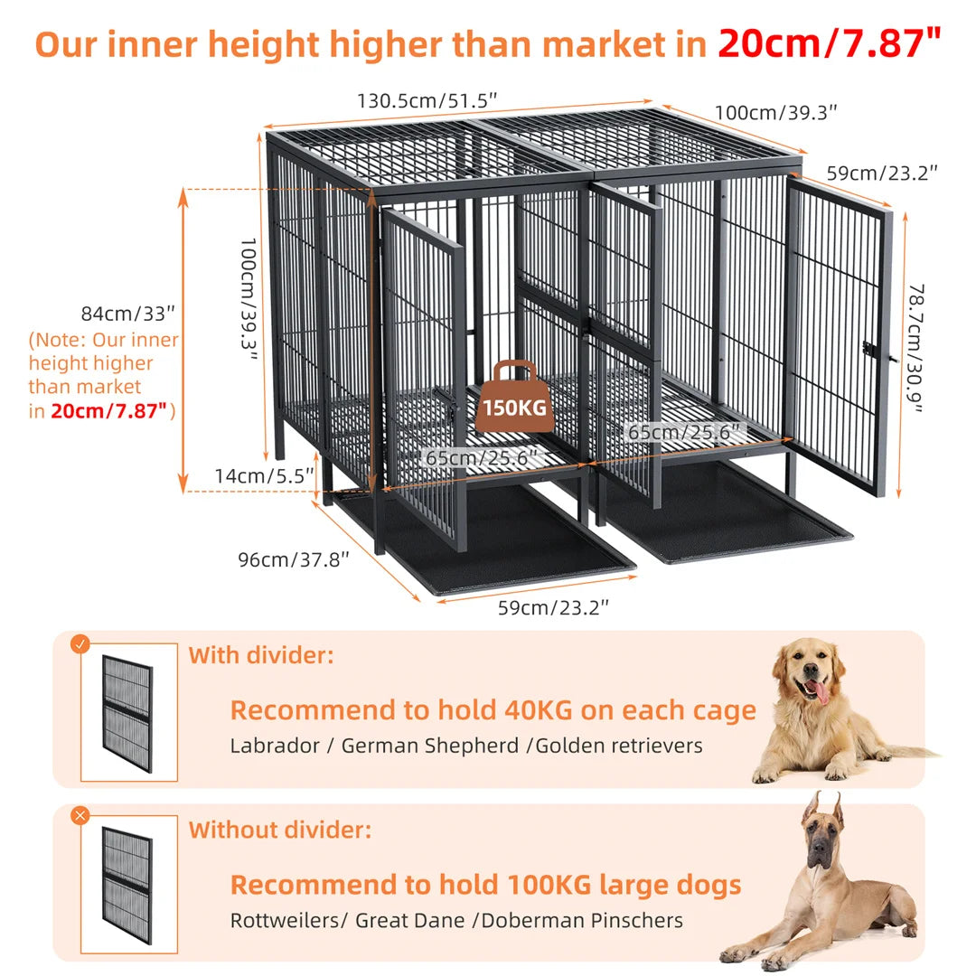 2-in-1 Heavy Duty Metal Dog Cage with Removable Divider, Pet Dog Crate Double Kennel for Two Dogs