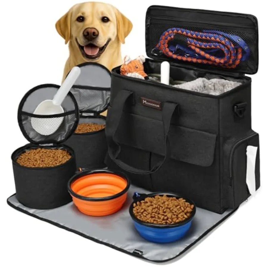 Dog Travel Bag, Weekend Pet Travel Set for Dog and Cat, Airline Approved Tote Organizer with Multi-Function Pockets, 2 Food Sto