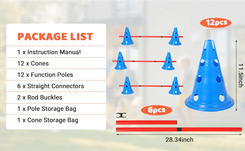 Dog Agility Hurdle Cone Set Dog Agility Course Set with 12 Cones 6 Rods Dog Agile Training Equipment for Outdoor Backyard