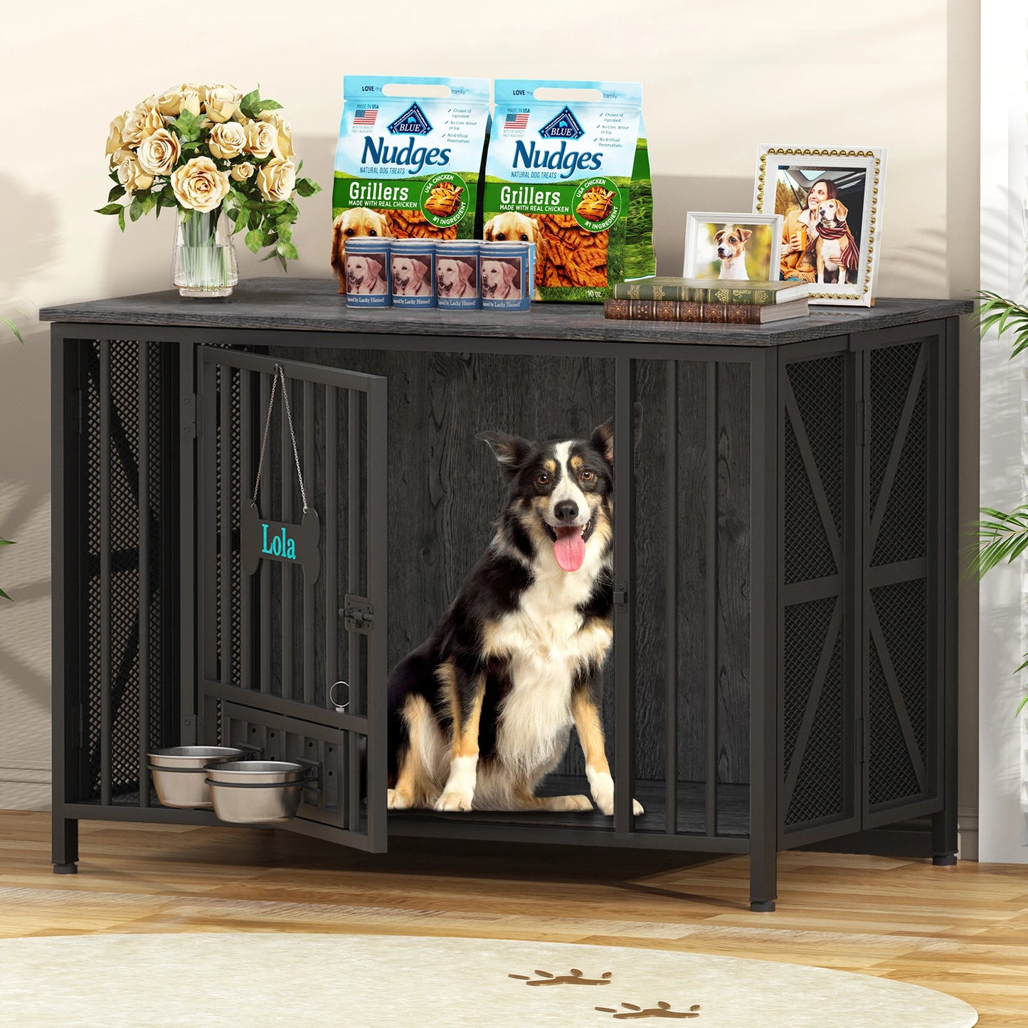Foldable Large Dog Crate Furniture,31"/41.3"Assembly-Free Dog Crates for Large Dogs, Wooden Dog Kennel Indoor w/ Tag & Dog Bowls