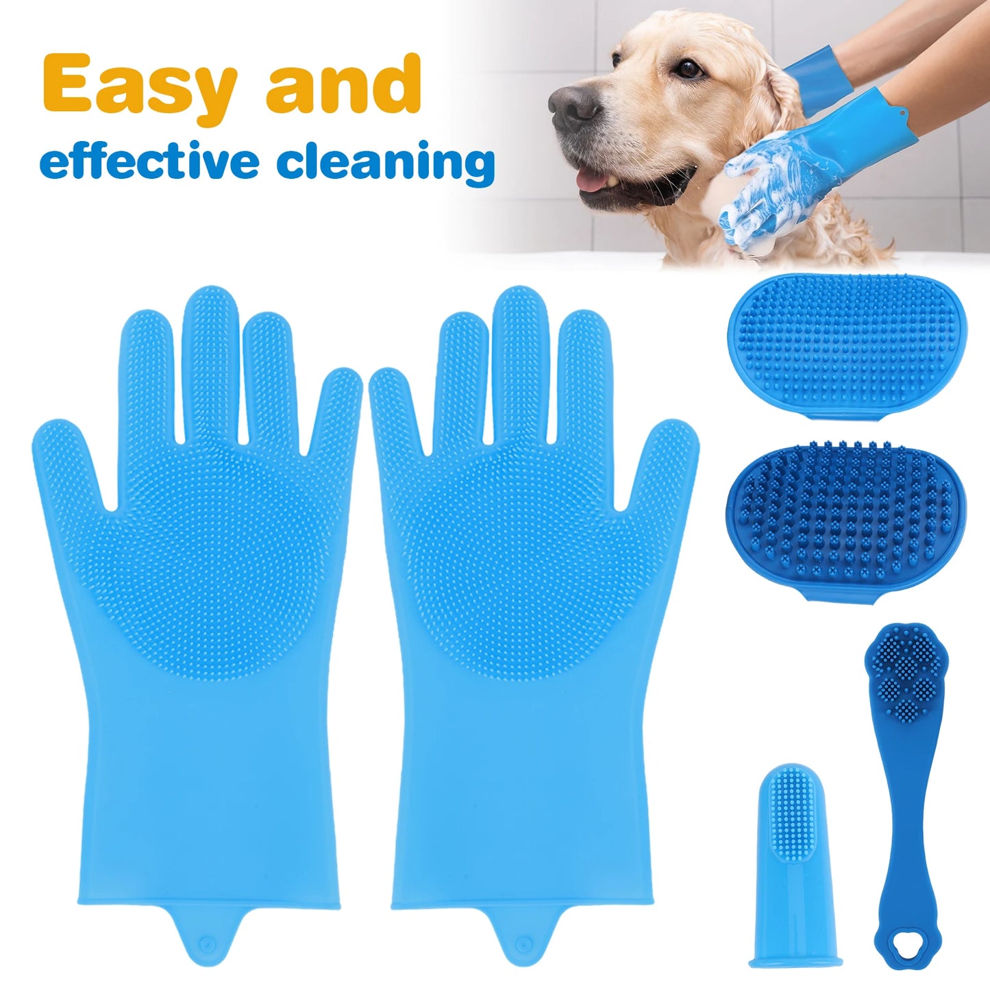 6PCS Pet Grooming Kit Silicone Dog Washing Gloves Dog Bath Brush Dog Toothbrush Finger Dog Shampoo Brush Dog Cat Bath Supplies