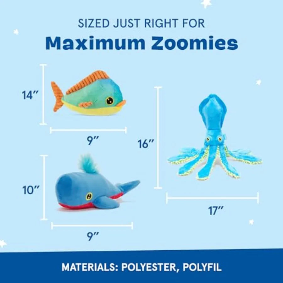 Under The Sea Bundle - 3 Toys for Medium and Large Dogs - Squeaky Dog Toy Tug Toy Plush Chew Toys - Maggie Mahi Shify Sid The S