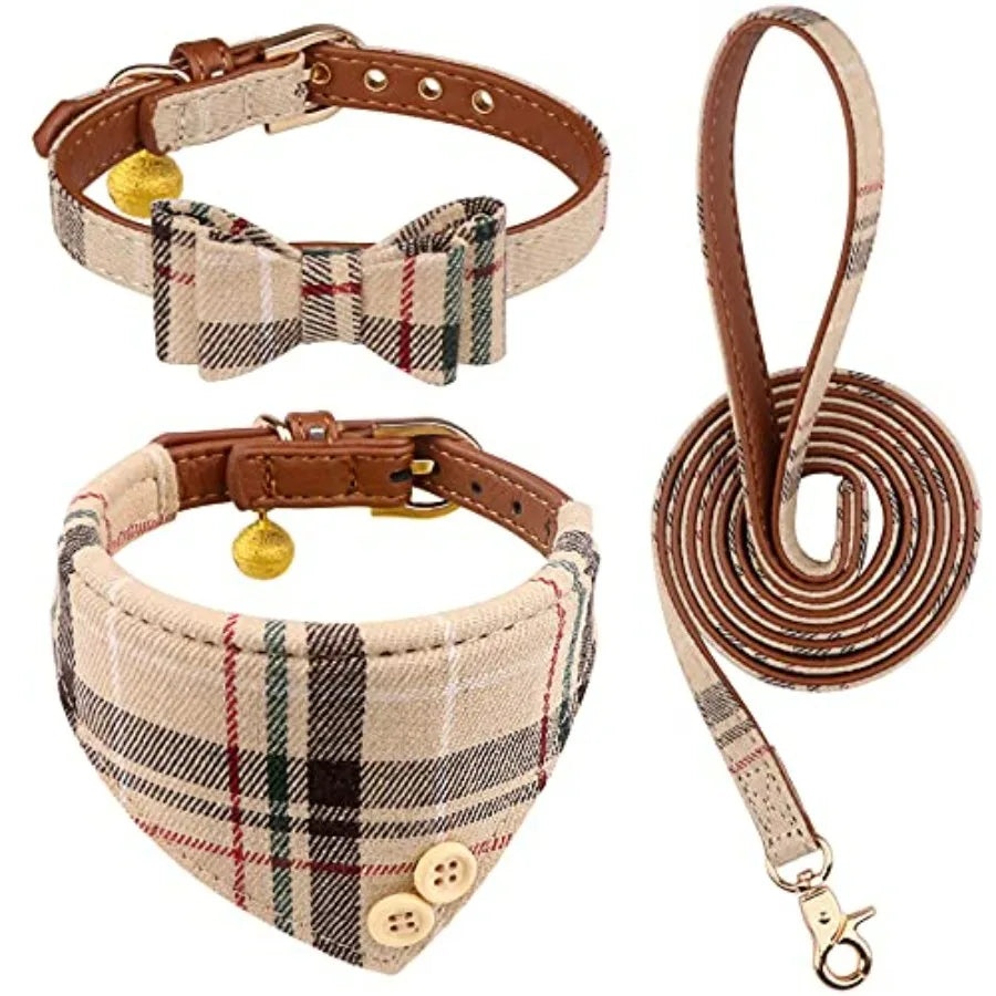 3 PCS Dog Collars for Small Puppy Collar and Leash Set, Bow Tie with Bell, Bandana Leather for Small Dogs Puppies and Cats