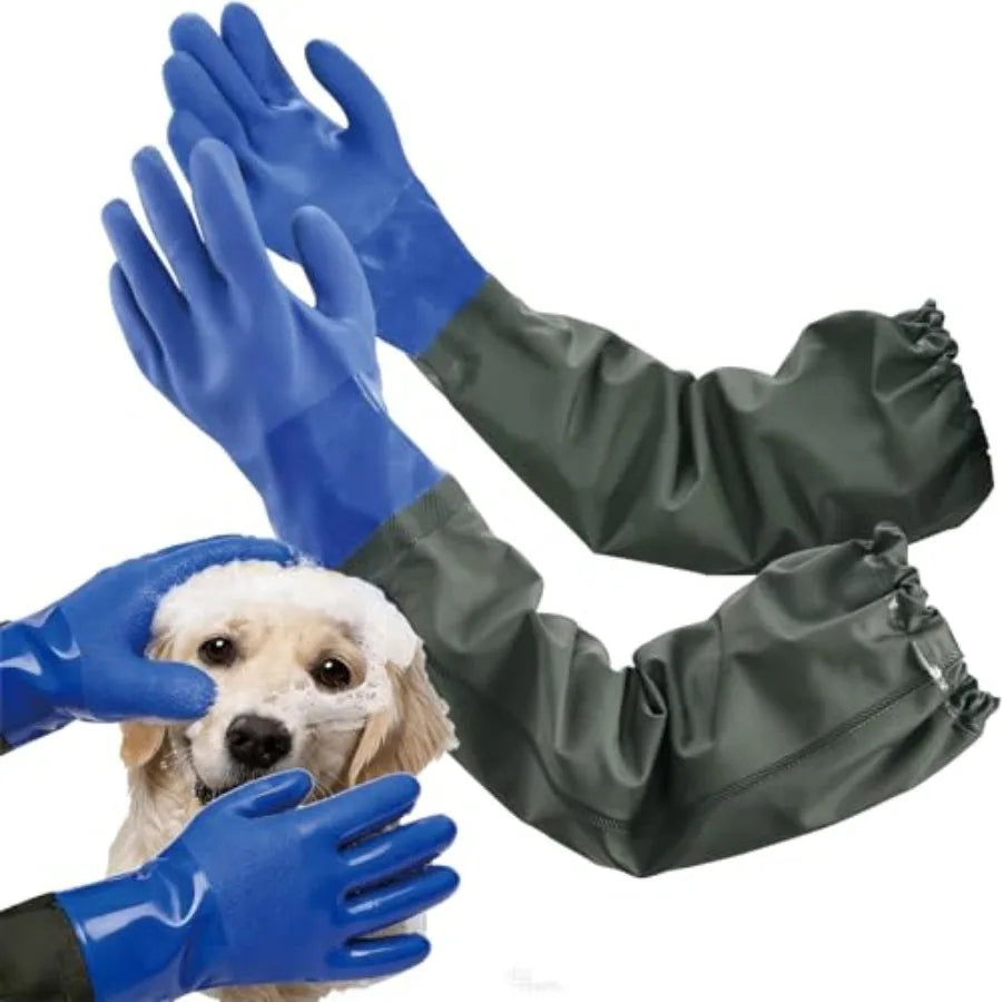 Pet Grooming Gloves 27.2 Extra Long Waterproof Rubber Washing Gloves for Dogs Cats Anti-Bite Anti-Scratch Hair Removal Cat Bath