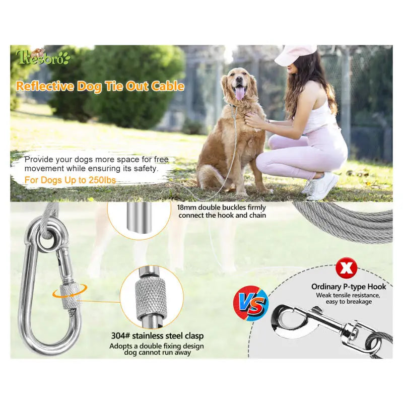 Double-headed Dog Tie Out Cable Leash ,traction rope with metal buckle steel wire anti-rust training collar, Outdoor Dogs Strap
